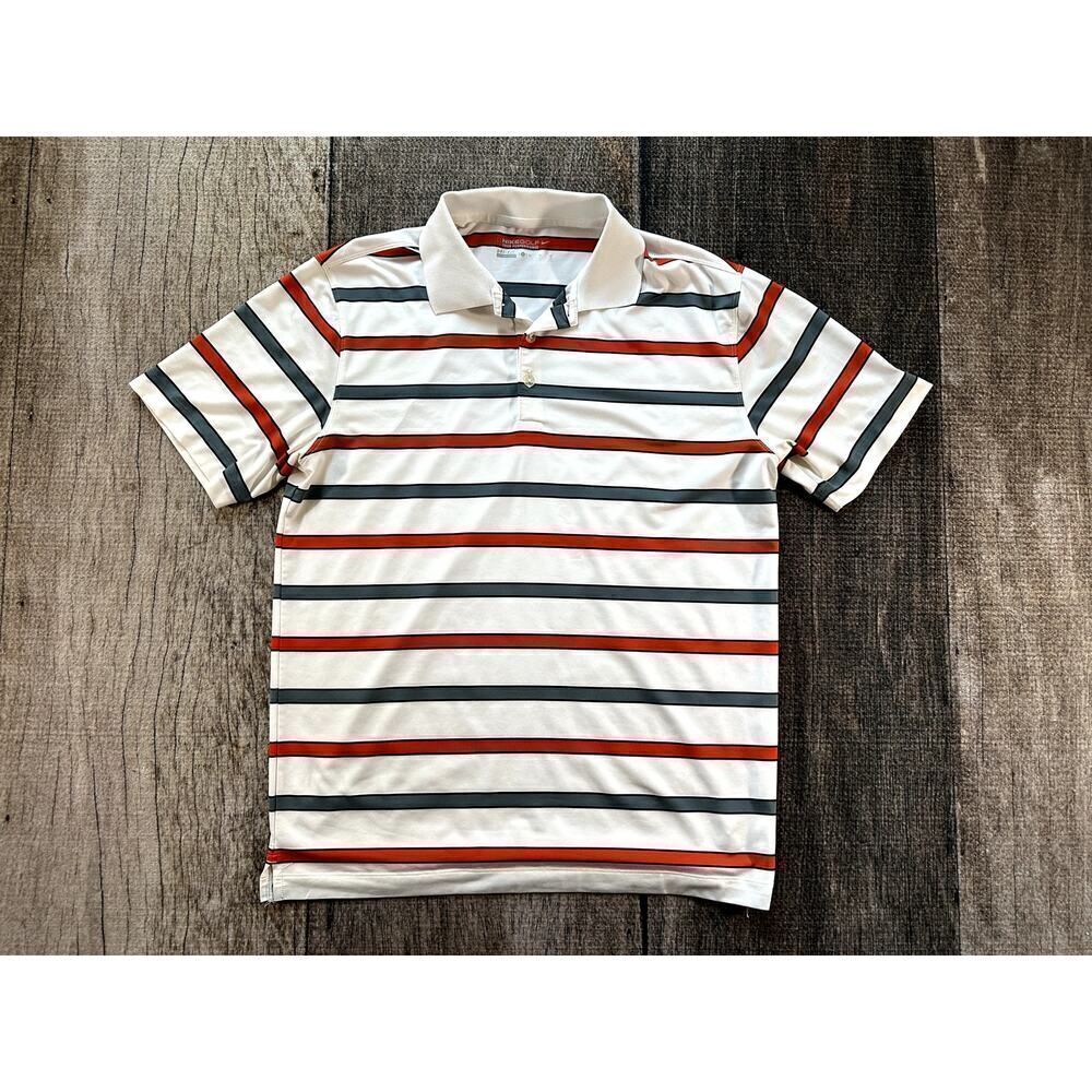 Nike Golf Tour Performance Dri Fit White Grey Striped Polo Shirt Mens Lg Dri-Fit